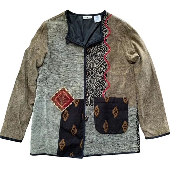 White Stag Chenille Patchwork Applique Jacket Art Wear Black Tan Gray Size Small - Picture 1 of 9
